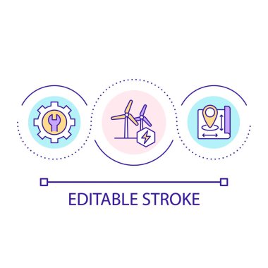 Yenilenebilir enerji yel değirmenleri kavram ikonu. Rüzgar türbini konumu. Sürdürülebilir güç soyut fikir ince çizgi çizimi. İzole bir taslak çizim. Düzenlenebilir felç. Kullanılan Arial yazı tipi
