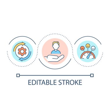 Müşteri memnuniyet döngüsü konsepti simgesi. Müşteri deneyimlerini değerlendir. Tüketici reaksiyonunun soyut fikri ince çizgi illüstrasyonunu geliştir. İzole bir taslak çizim. Düzenlenebilir felç. Kullanılan Arial yazı tipi