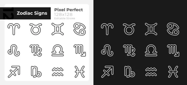 stock vector Zodiac signs pixel perfect linear icons set for dark, light mode. Western astrology. Thin line symbols for night, day theme. Isolated illustrations. Editable stroke. Montserrat Bold, Light fonts used