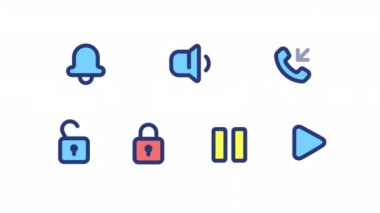 Canlandırılmış mobil uygulama renk ui simgeleri. Akıllı telefon program kontrolleri. Multimedya oynatıcı. Şeffaf arkaplanda alfa kanalı olan kusursuz HD video. Basit doldurulmuş RGB resim çizelgesi canlandırması