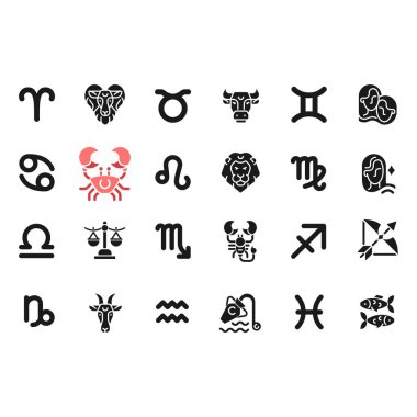 Zodiac, beyaz uzaya dizilmiş siyah sembolleri işaret eder. Burç tahmini. Astrolojik elementler ve anlamları. Siluet sembolleri. Sağlam bir piktogram paketi. Vektör izole illüstrasyonu