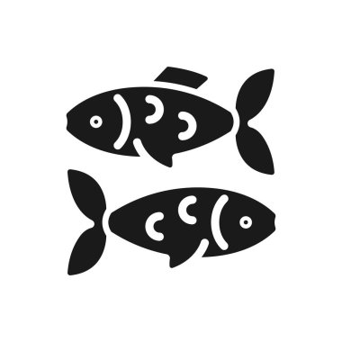Siyah kabartma ikonu. Balık burcundan hayvan. Batı astrolojisinin burcu. Su canlıları. Soğukkanlı. Beyaz uzayda siluet sembolü. Piktogram sağlammış. Vektör izole illüstrasyonu