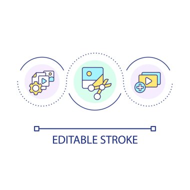 Çoklu ortam düzenleme araçları döngü konsepti simgesi. Dijital içerik yaratmak için yazılım. Sosyal medya fikri soyut ince çizgi çizimi. İzole bir taslak çizim. Düzenlenebilir felç. Kullanılan Arial yazı tipi