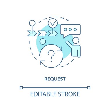 Turkuaz konsept simgesi talep ediyorum. Ürün geliştirme. Serbest bırakma işlemi soyut fikir ince çizgi illüstrasyonu. İzole bir taslak çizim. Düzenlenebilir felç. Arial, Myriad Pro-Kalın yazı tipleri