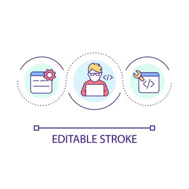 Programcı döngü konsepti simgesi. Bilgisayar işçisi. Dijital teknoloji ustası. Yazılım soyut fikri ince çizgi illüstrasyonunu onar. İzole bir taslak çizim. Düzenlenebilir felç. Kullanılan Arial yazı tipi