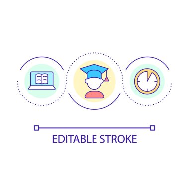 Uzaklık öğrenme döngüsü konsepti simgesi. Okul online. Uzaktan çalışma. Çocuklar için ekran zamanı soyut fikir ince çizgi çizimi. İzole bir taslak çizim. Düzenlenebilir felç. Kullanılan Arial yazı tipi