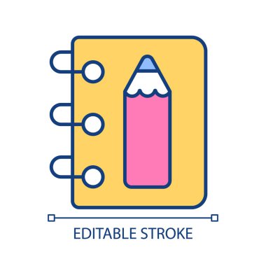 Çizim kitabı RGB renk simgesi. Kalemle çizim defteri. Sanat malzemeleri. İlham aletleri. Fikir üretmek. İzole vektör çizimi. Basit bir çizgi çizimi. Düzenlenebilir felç. Kullanılan Arial yazı tipi