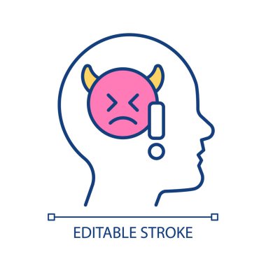 Olumsuz öz konuşma RGB renk simgesi. Zehirli zihniyet. Kişisel büyüme sınırlaması. Kızgın düşünceler. İzole vektör çizimi. Basit bir çizgi çizimi. Düzenlenebilir felç. Kullanılan Arial yazı tipi