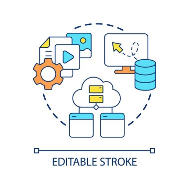 Kişisel veri depolama konsepti simgesi. Özel bilgi bulutu. Dijital içerik, soyut fikir, ince çizgi çizimleri toplayın. İzole bir taslak çizim. Düzenlenebilir felç. Kullanılan Arial yazı tipi