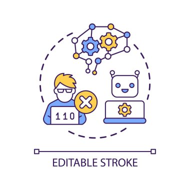 Otomatik iş süreci konsepti simgesi. Robotları iş yerine entegre etmek. Makine, insan soyut fikrinin yerini alıyor ince çizgi çizimi. İzole bir taslak çizim. Düzenlenebilir felç. Kullanılan Arial yazı tipi