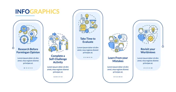 Stock vector Avoiding confirmation bias tips rectangle infographic template. Data visualization with 5 steps. Editable timeline info chart. Workflow layout with line icons. Lato-Bold, Regular fonts used