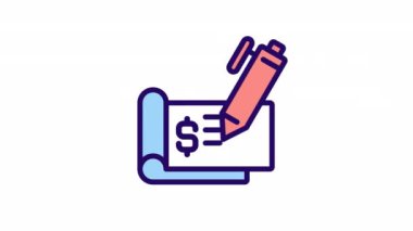 Canlandırılmış çek imzalama renk simgesi. Fatura ile ödeme. Finansal operasyon. Şeffaf arkaplanda alfa kanalı olan kusursuz HD video. Basit doldurulmuş çizgi hareketi grafik canlandırması