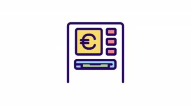Animasyon otomatik veznedar renk simgesi. Bankamatikle avrodan para çekmek. Banka servisi. Şeffaf arkaplanda alfa kanalı olan kusursuz HD video. Basit doldurulmuş çizgi hareketi grafik canlandırması