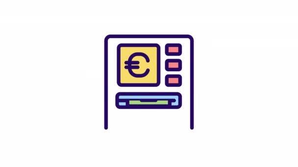 动画自动取款器颜色图标 用自动取款机提取欧元钞票 银行服务 无缝隙循环高清视频与透明背景的阿尔法通道 简单填充行运动图形动画 — 图库视频影像
