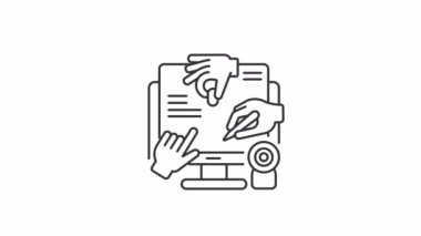 Canlandırılmış herkes doğrusal simgeyle tanışır. İş konferansı başlatıldı. Fikir paylaşımı. Şeffaf arkaplanda alfa kanalı olan kusursuz HD video. Taslak hareketli grafik canlandırması