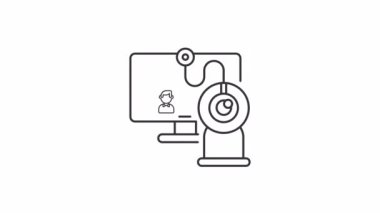 Animasyon görüntülü sohbet doğrusal simgesi. Web kamerası bilgisayara bağlanıyor. İnternetteki konferans. Şeffaf arkaplanda alfa kanalı olan kusursuz HD video. Taslak hareketli grafik canlandırması