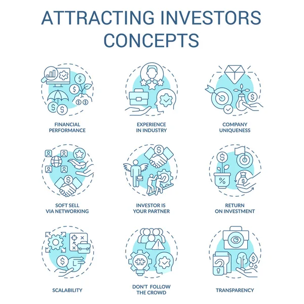Attrarre Gli Investitori Concetto Set Icone Turchese Coinvolgere Finanziamenti Startup — Vettoriale Stock
