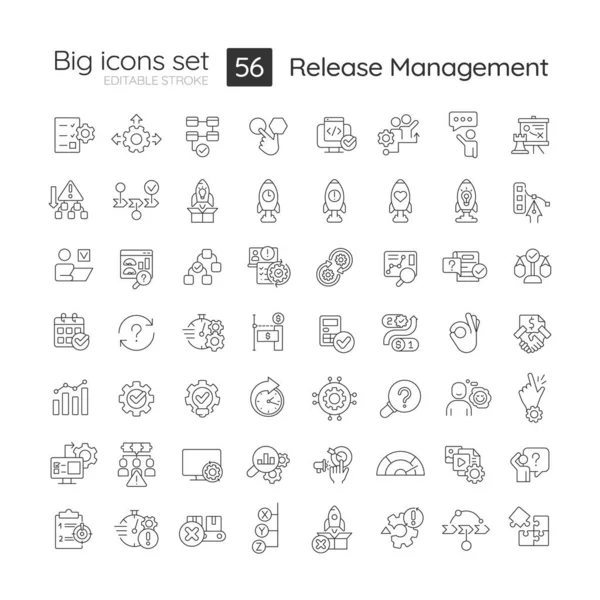 stock vector Release management linear big icons set. Product launch. Startup strategy. Customizable thin line symbols. Isolated vector outline illustrations. Editable stroke. Montserrat Bold, Light fonts used