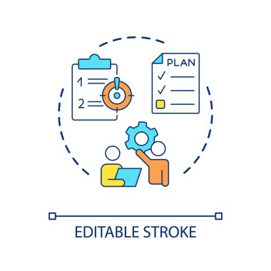 Konsept simgesi iste ve planla. Yazılım teslimatı. Ürün fırlatma stratejisi. Salıverme işlemi soyut fikir ince çizgi illüstrasyonu. İzole bir taslak çizim. Düzenlenebilir felç. Kullanılan Arial yazı tipi