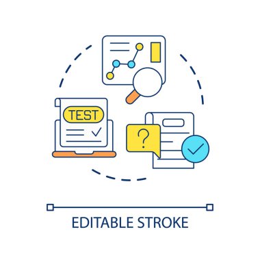 Test ve mevzilendirme kavramı simgesi. Ürün geliştirme süreci. Yönetimin soyut fikir çizelgesini incele. İzole bir taslak çizim. Düzenlenebilir felç. Kullanılan Arial yazı tipi