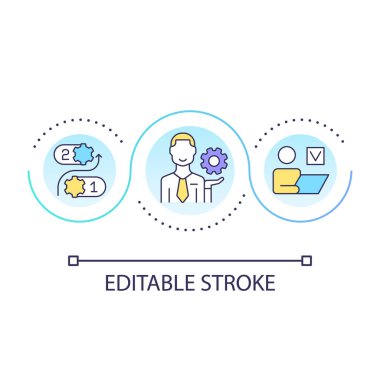 Ürün sahibi döngü konsepti ikonu. Çevik ekip üyesi. Scrum metodu. Serbest bırakılma yönetimi için soyut fikir ince çizgi çizimi. İzole bir taslak çizim. Düzenlenebilir felç. Kullanılan Arial yazı tipi