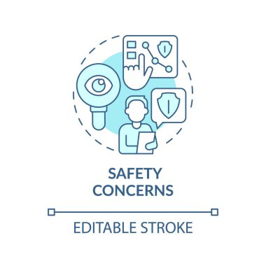 Güvenlik, turkuaz konsept ikonu ile ilgilidir. Mesleki kazaların azaltılması, soyut fikirlerin ince çizgi çizimlerine işaret eder. İzole bir taslak çizim. Düzenlenebilir felç. Arial, Myriad Pro-Kalın yazı tipleri