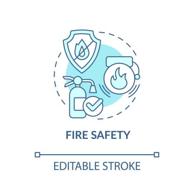 Yangın güvenliği turkuaz konsept simgesi. Çalışan yaralanmalarını en aza indirgemek için ölçü soyut fikir ince çizgisi çizimi. İzole bir taslak çizim. Düzenlenebilir felç. Arial, Myriad Pro-Kalın yazı tipleri
