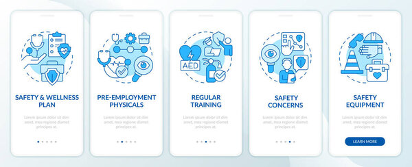 Accident avoiding in workplace tips blue onboarding mobile app screen. Walkthrough 5 steps editable graphic instructions with linear concepts. UI, UX, GUI template. Myriad Pro-Bold, Regular fonts used