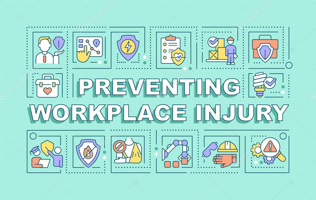 Preventing workplace injury word concepts light blue banner. Job safety. Infographics with editable icons on color background. Isolated typography. Vector illustration with text. Arial-Black font used