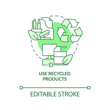 Geri dönüştürülmüş ürünler yeşil konsept simgesi kullan. Yeniden kullanılabilir materyaller. Eko-bilinçli alışkanlık soyut fikir ince çizgi çizimi. İzole bir taslak çizim. Düzenlenebilir felç. Arial, Myriad Pro-Kalın yazı tipleri