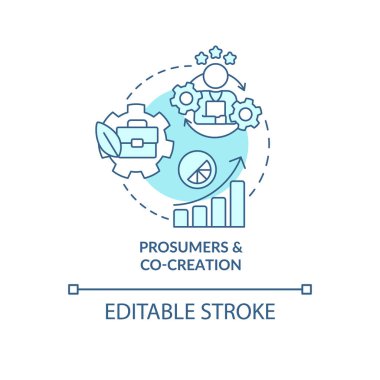 Prosumerlar ve ortak yaratım turkuaz konsept ikonu. Yeşil iş modeli soyut fikir ince çizgi çizimi. İzole bir taslak çizim. Düzenlenebilir felç. Arial, Myriad Pro-Kalın yazı tipleri