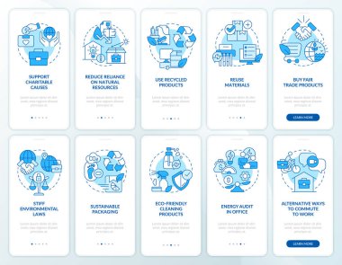 Mobil uygulama ekran seti üzerinde ekolojik iş mavisi. Doğrusal kavramlarla düzenlenebilir grafik yönergelerini 5 adımda gezdir. UI, UX, GUI şablonu. Kullanılan sayısız Pro-Kalın, Düzenli yazı tipleri