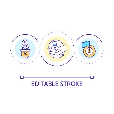 Gelir büyüme döngüsü konseptini yükselt. Finansal başarı. Gelir yaratın. Kârlı iş soyut fikir ince çizgi çizimi. İzole bir taslak çizim. Düzenlenebilir felç. Kullanılan Arial yazı tipi