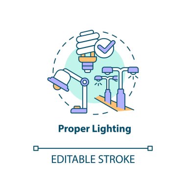 Uygun ışıklandırma konsepti simgesi. Çalışma koşulları. İş kazalarının azaltılması soyut fikirlerin ince çizgi çizimlerine işaret eder. İzole bir taslak çizim. Düzenlenebilir felç. Arial, Myriad Pro-Kalın yazı tipleri