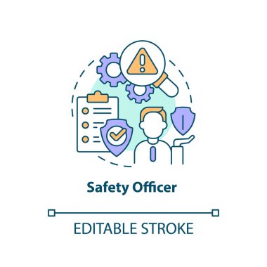 Güvenlik subayı konsepti ikonu. Riskleri belirlemek. İşyeri kazalarının önlenmesi soyut fikirlerin ince çizgi çizimlerine işaret eder. İzole bir taslak çizim. Düzenlenebilir felç. Arial, Myriad Pro-Kalın yazı tipleri