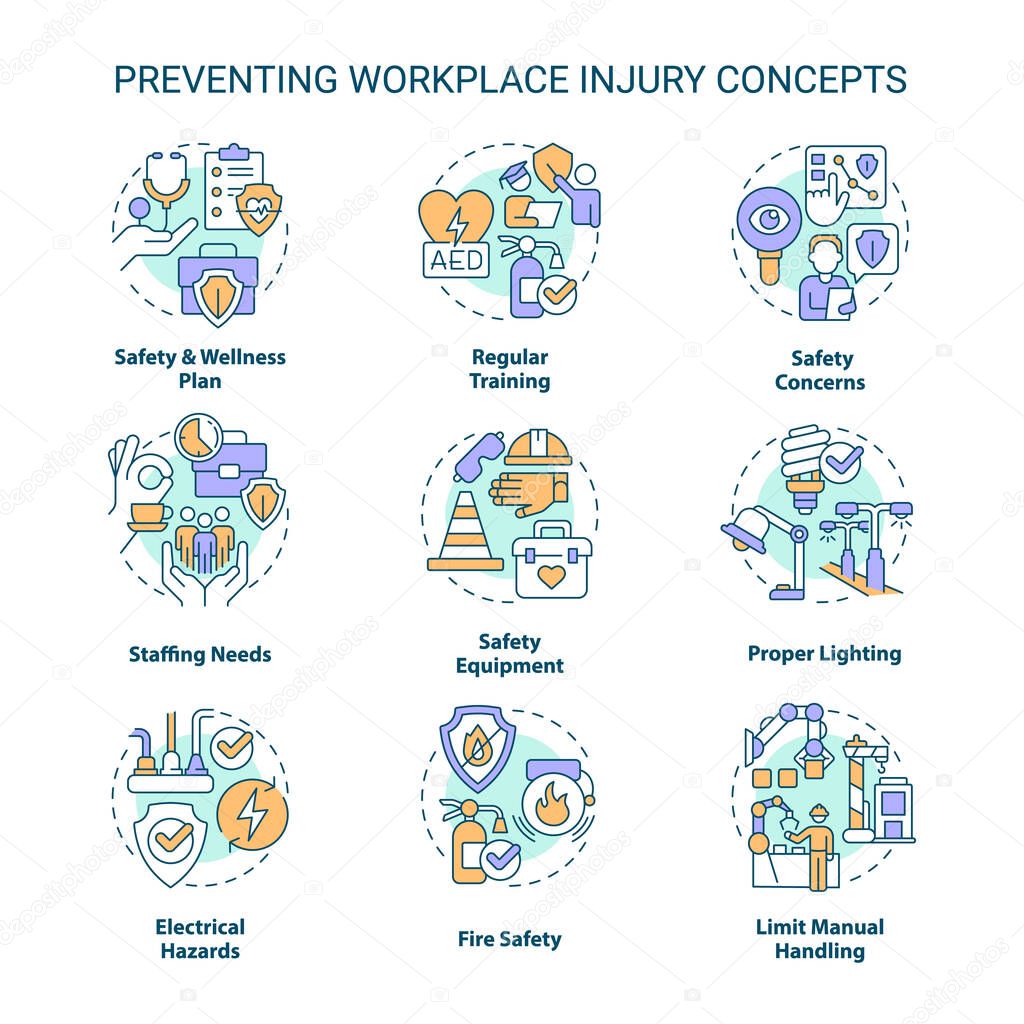 Preventing workplace injury concept icons set. Occupational health and safety idea thin line color illustrations. Isolated symbols. Editable stroke. Roboto-Medium, Myriad Pro-Bold fonts used