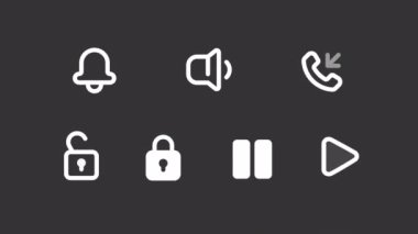 Animasyon uygulaması beyaz çizgi simgeleri. Akıllı telefon kontrolleri. Şeffaf arkaplanda alfa kanalı olan kusursuz HD video. Gece modu için izole edilmiş kullanıcı arayüzü sembolleri hareketli grafik tasarımı