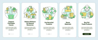 Çevre dostu iş özellikleri mobil uygulama ekranında. Doğrusal kavramlarla düzenlenebilir grafik yönergelerini 5 adımda gezdir. UI, UX, GUI şablonu. Kullanılan sayısız Pro-Kalın, Düzenli yazı tipleri