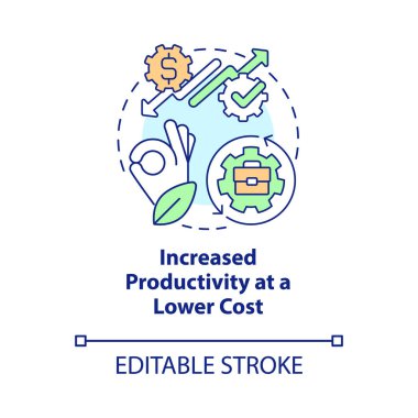 Düşük maliyetli konsept ikonunda verimliliğin artması. Çevre dostu iş performansı soyut fikir ince çizgili illüstrasyon. İzole bir taslak çizim. Düzenlenebilir felç. Arial, Myriad Pro-Kalın yazı tipleri