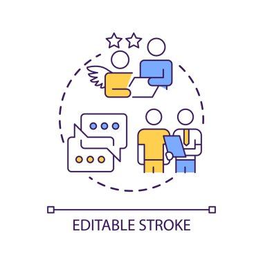 Küçük işletme yardım konsepti ikonu. Profesyonel ilişki. Danışmanlık hizmeti soyut fikir ince çizgi çizimi. İzole bir taslak çizim. Düzenlenebilir felç. Kullanılan Arial yazı tipi