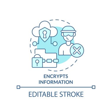 Bilgi turkuvaz konsept simgesini şifreler. Veri siber güvenliği. Dijital koruma fikri soyut ince çizgi çizimi. İzole bir taslak çizim. Düzenlenebilir felç. Arial, Myriad Pro-Kalın yazı tipleri