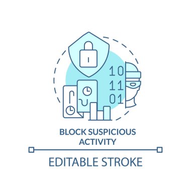 Şüpheli faaliyet turkuaz konsept simgesini engelle. Veri hacklemesini engelle soyut fikir ince çizgi çizimi. İzole bir taslak çizim. Düzenlenebilir felç. Arial, Myriad Pro-Kalın yazı tipleri