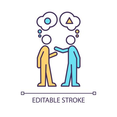 Yorumlayıcı önyargı RGB renk simgesi. İletişim çatışması. Kişiler arası yanlış anlaşılma. Kişisel inançlar. İzole vektör çizimi. Basit bir çizgi çizimi. Düzenlenebilir felç. Kullanılan Arial yazı tipi