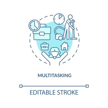Çoklu görev turkuaz konsept simgesi. Mesafe çalışması. Ev tabanlı iş avantajı soyut fikir ince çizgi çizimi. İzole bir taslak çizim. Düzenlenebilir felç. Arial, Myriad Pro-Kalın yazı tipleri