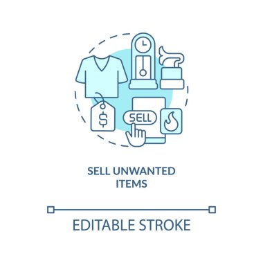 İstenmeyen ürünler turkuaz konsept simgesi sat. İnternet pazarı. Bayanlar için uzak çalışma soyut fikir ince çizgi çizimi. İzole bir taslak çizim. Düzenlenebilir felç. Arial, Myriad Pro-Kalın yazı tipleri