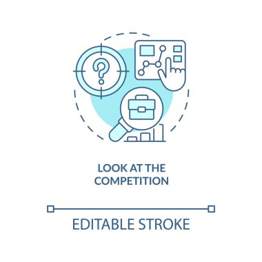 Yarışmacılar turkuaz konsept ikonu araştırıyorlar. Pazarlama analizi. Ev işleri, soyut fikirlerin ince çizgilerini çizer. İzole bir taslak çizim. Düzenlenebilir felç. Arial, Myriad Pro-Kalın yazı tipleri
