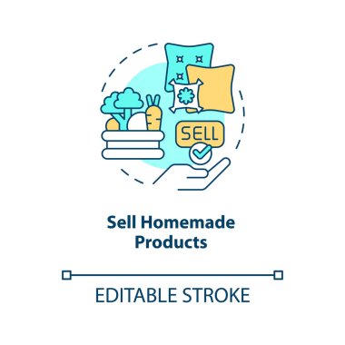 Ev yapımı ürün konsept ikonu sat. El işi hobisi. Evdeki ince çizgili resimde küçük işletmeler nasıl kurulur? İzole bir taslak çizim. Düzenlenebilir felç. Arial, Myriad Pro-Kalın yazı tipleri