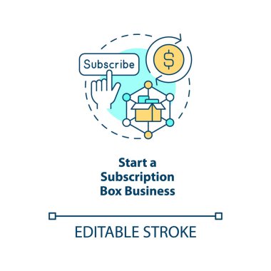 Abonelik kutusu iş konsepti simgesini başlat. Niş ürünlerin teslimatı. Ev yapımı ince çizgilerden para kazanıyorum. İzole bir taslak çizim. Düzenlenebilir felç. Arial, Myriad Pro-Kalın yazı tipleri