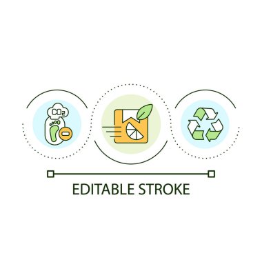 Karbon ayak izi döngü konseptini azalt. Çevre dostu marka. Sürdürülebilir gelişme. Yeşil iş fikri soyut ince çizgi çizimi. İzole bir taslak çizim. Düzenlenebilir felç. Kullanılan Arial yazı tipi