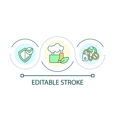 Çevre kirliliği döngüsü konsept simgesini azaltır. Çevre dostu imalat. Endüstriyel etki soyut fikir ince çizgi çizimi. İzole bir taslak çizim. Düzenlenebilir felç. Kullanılan Arial yazı tipi